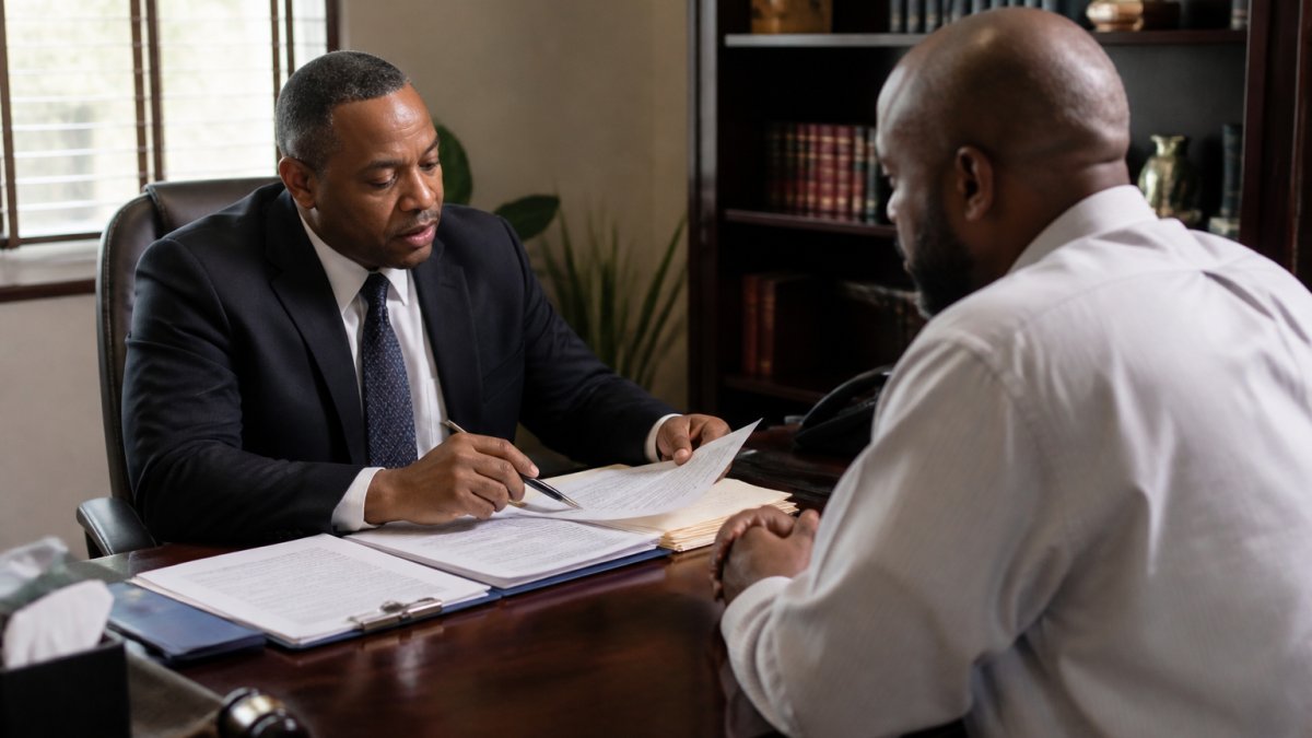 Professional attorney in office reviewing accident documents and medical records with client sitting across desk, discussing case details in natural office lighting